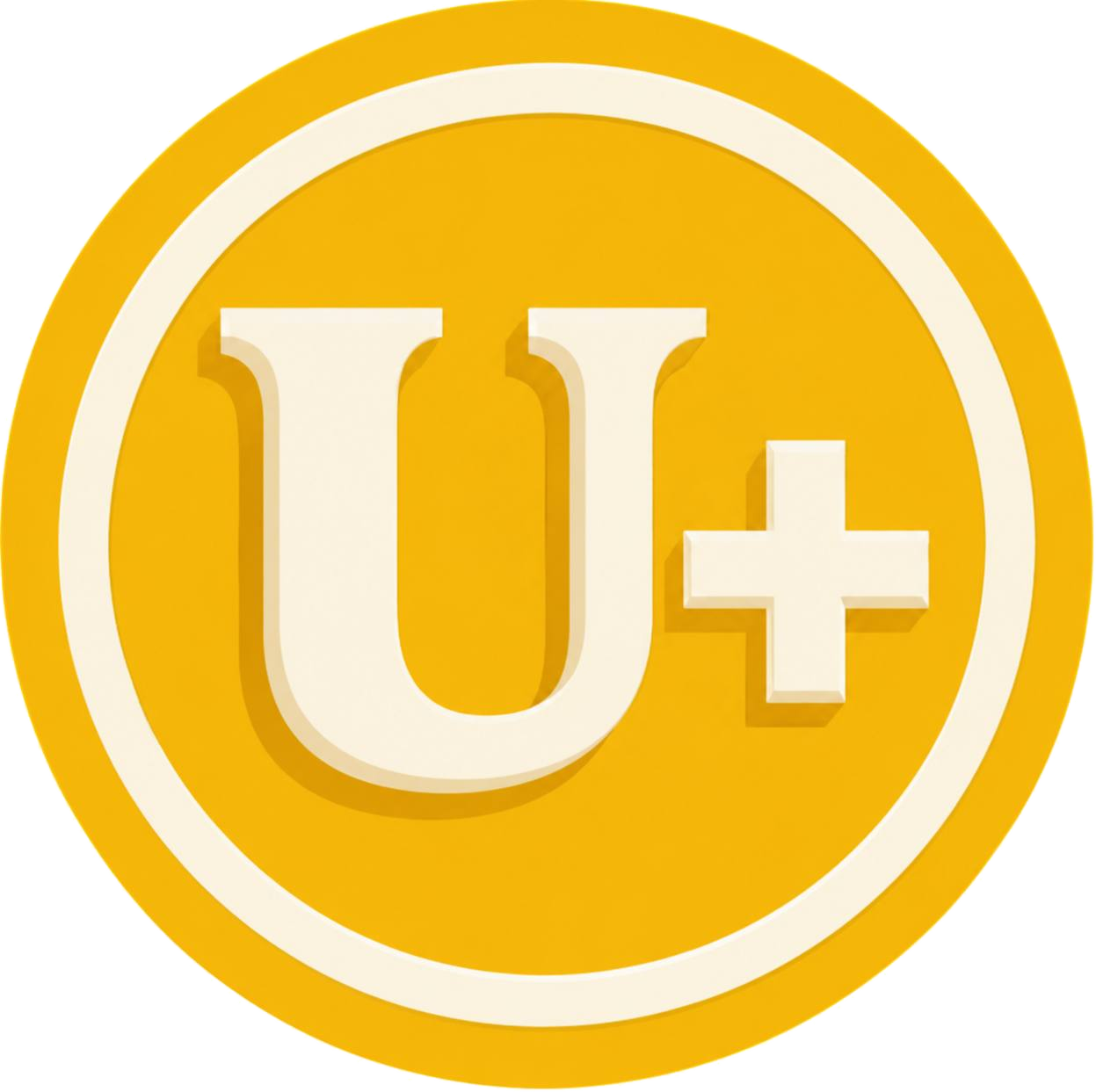 Useless Plus coin: a golden coin with a cream U and plus sign